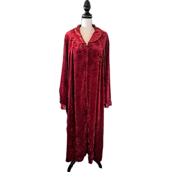 Vintage Maroon Floral Velvet 3/4 Zip-Front Shawl Collar Full Length Robe - Picture 1 of 8